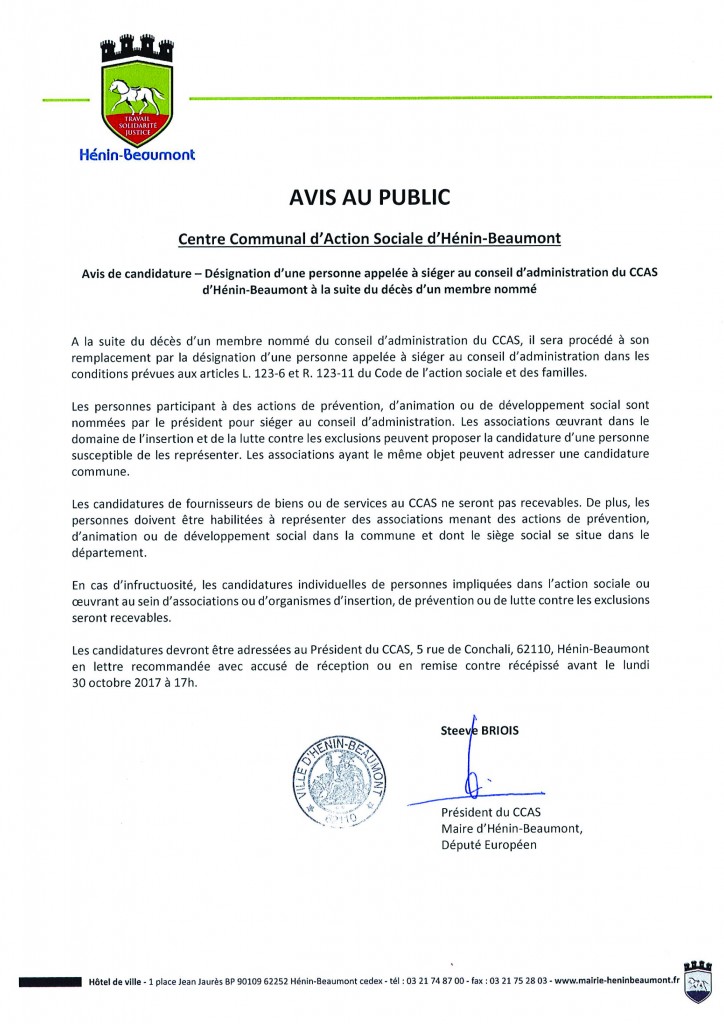 AVIS AU PUBLIC - CCAS - désignation nouveau membre